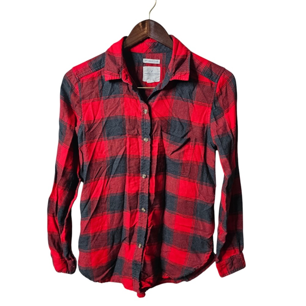 American Eagle Boyfriend Small Red Gray Flannel Button Down Long Sleeve Shirt - Picture 2 of 5